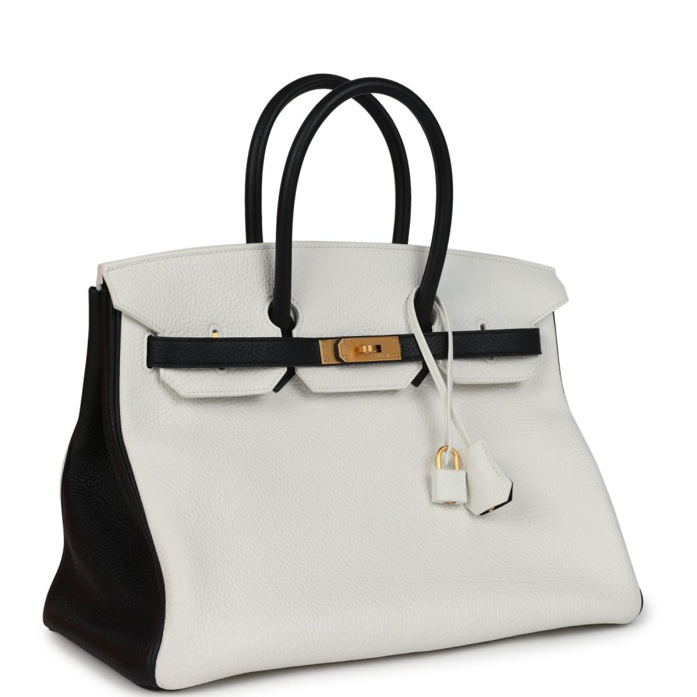 Hermes Special Order (HSS) Birkin 35 White and Black Clemence Brushed Gold Hardware - Image 2
