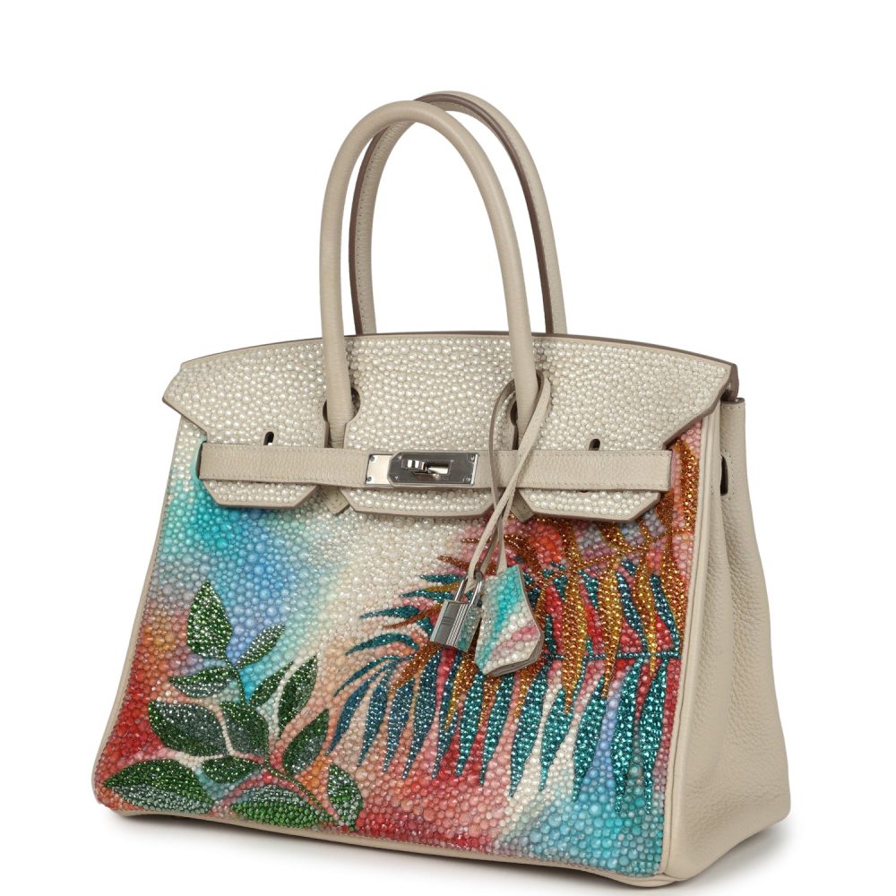 Custom "Paradise" Swarovski Crystal Hermes Birkin 30 Craie Togo Palladium Hardware - Image 5