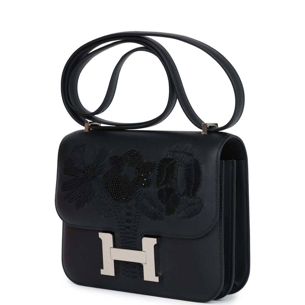 Hermes Constance 18 "Dancing Flowers" Black Embroidered Swift Palladium Hardware - Image 5