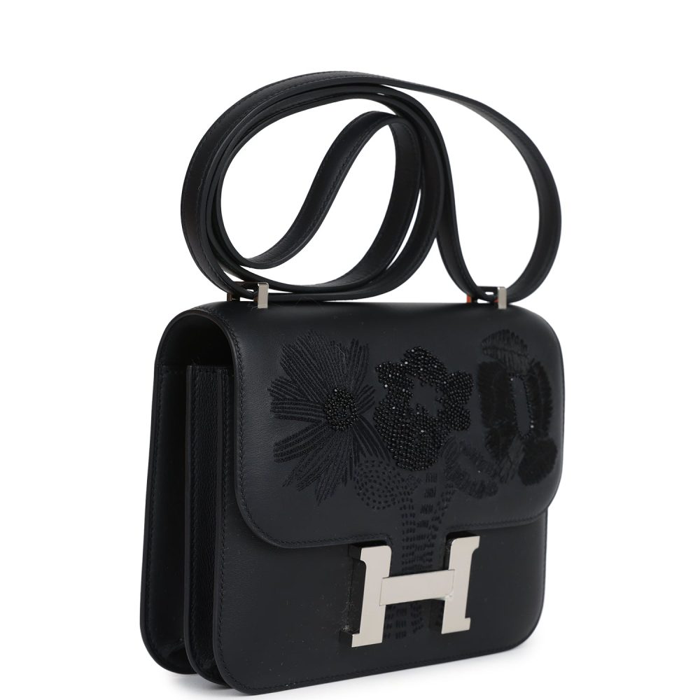 Hermes Constance 18 "Dancing Flowers" Black Embroidered Swift Palladium Hardware - Image 2