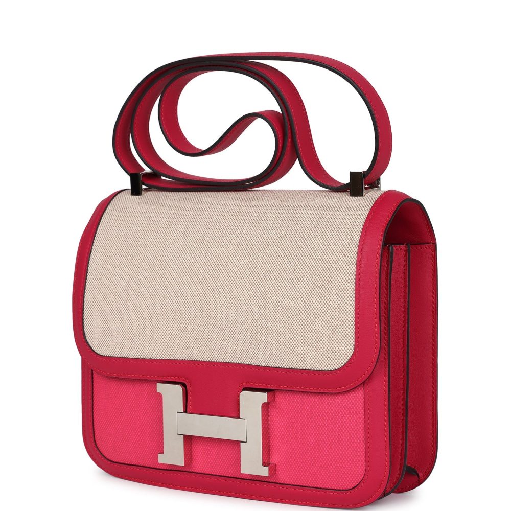 Pre-owned Hermes Constance 24 Rose Shocking and Ecru Toile H Berline and Framboise Swift Palladium Hardware - Image 5