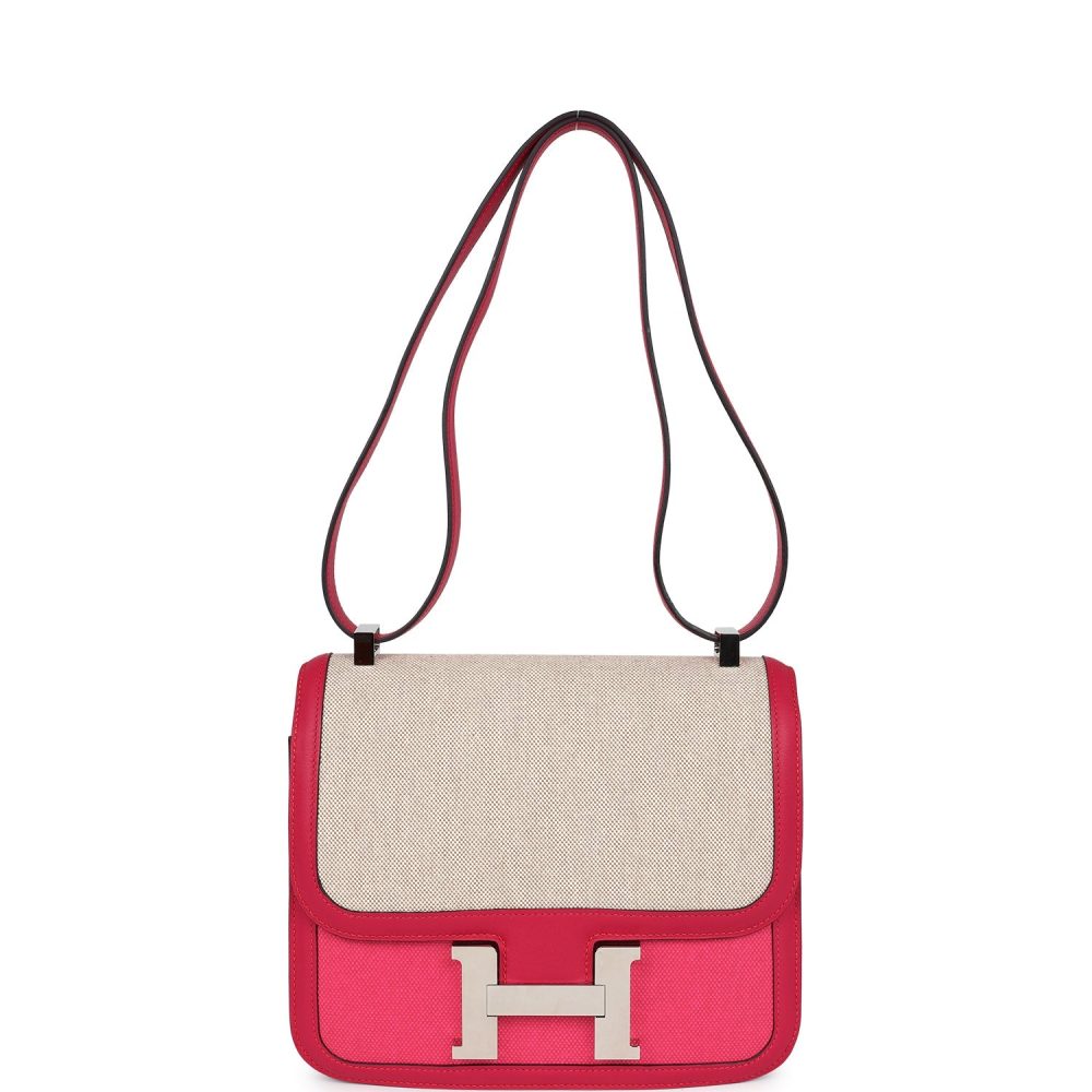 Pre-owned Hermes Constance 24 Rose Shocking and Ecru Toile H Berline and Framboise Swift Palladium Hardware - Image 7