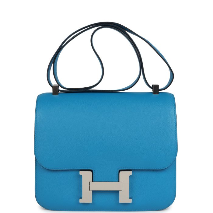 Pre-owned Hermes Constance 24 Bleu Zanzibar Evercolor Palladium Hardware