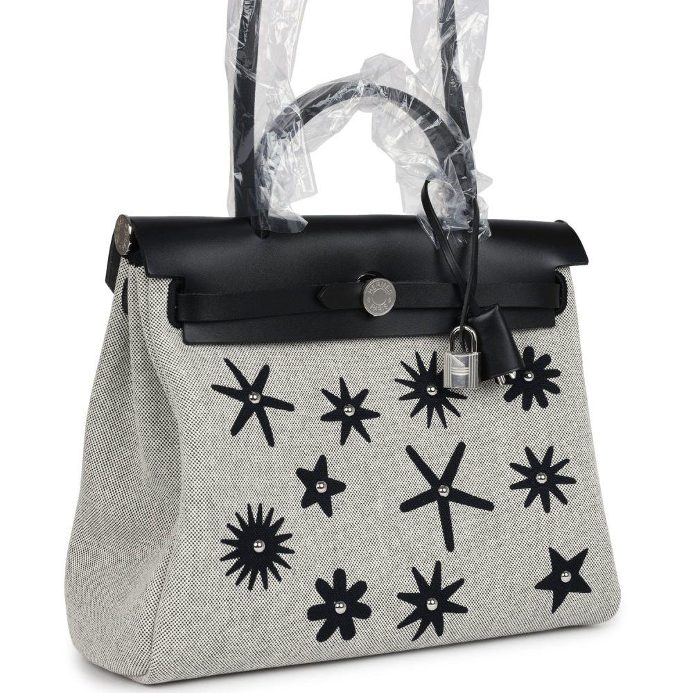 Hermes Herbag Zip 31 PM Hobnailed Black and Ecru Printed H Plume Canvas and Vache Hunter Palladium Hardware - Image 2