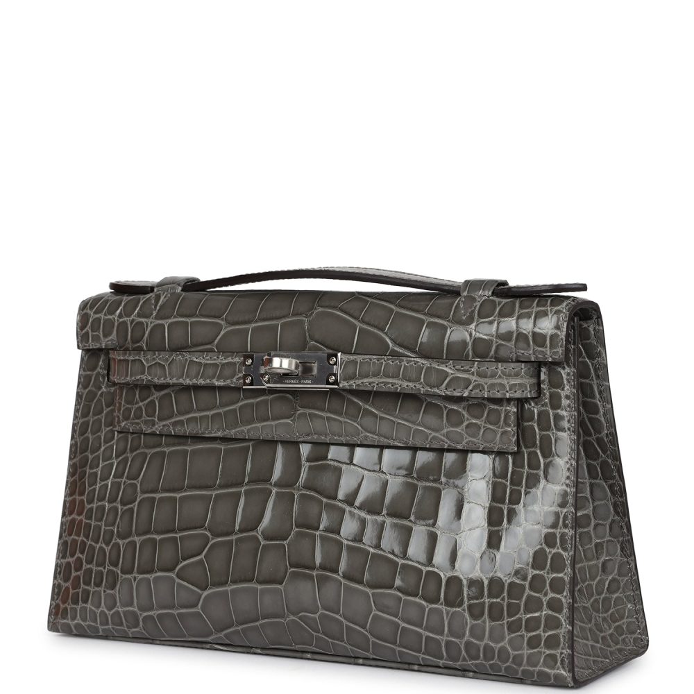 Hermes Kelly Pochette Gris Ciment Shiny Alligator Palladium Hardware - Image 5