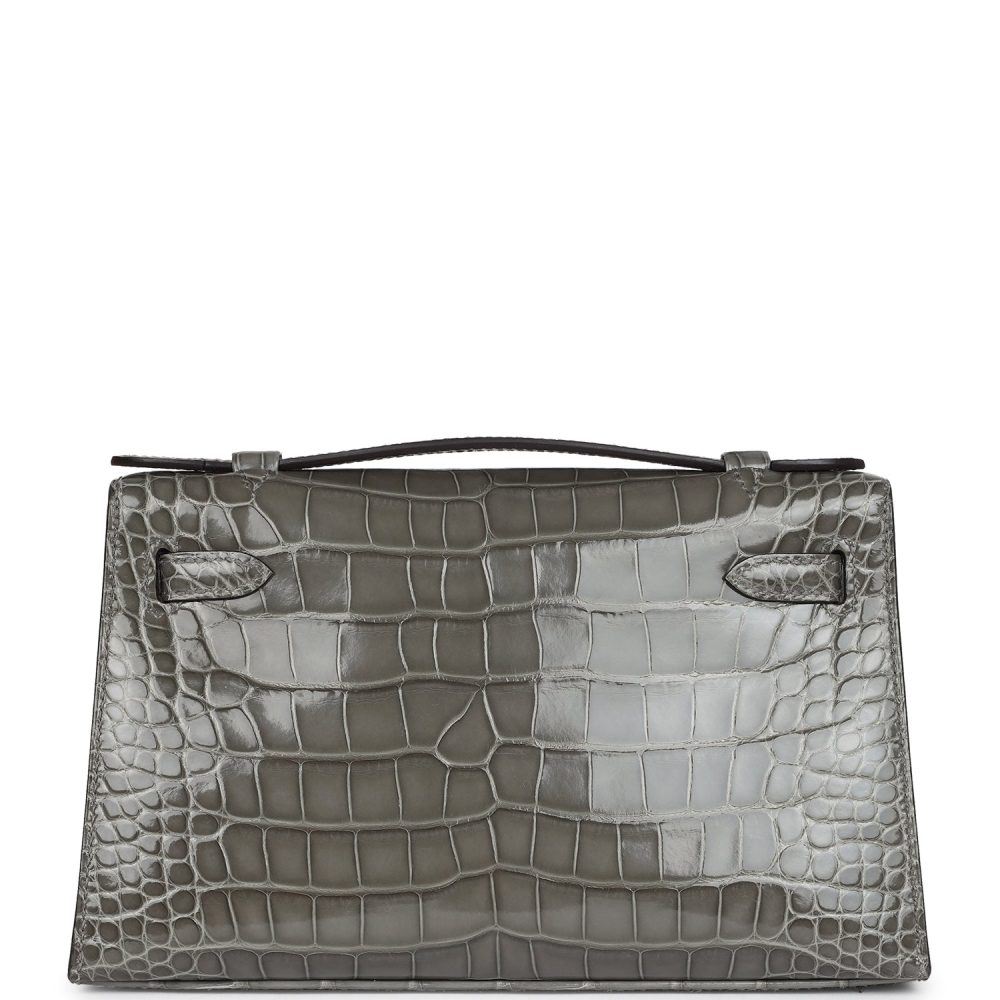 Hermes Kelly Pochette Gris Ciment Shiny Alligator Palladium Hardware - Image 4