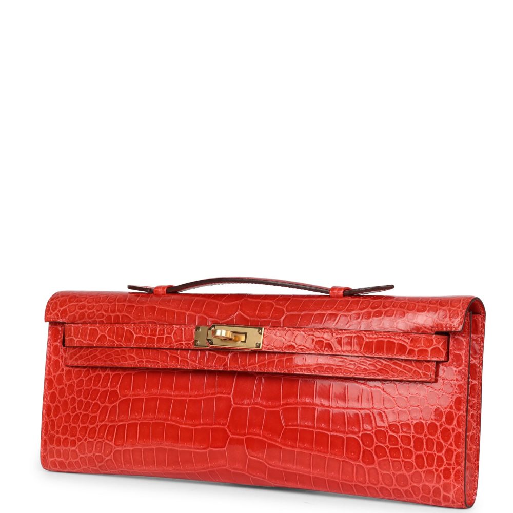 Hermes Kelly Cut Orange Poppy Shiny Porosus Crocodile Gold Hardware - Image 5