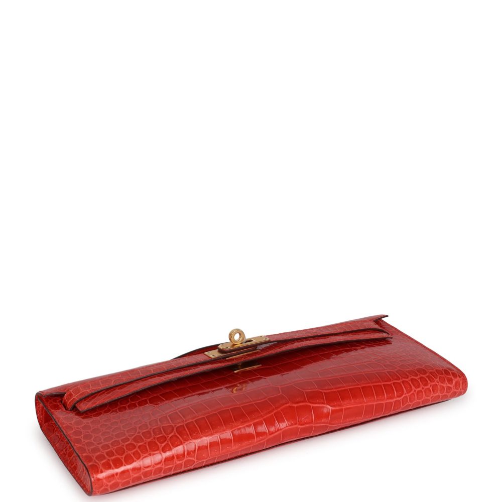 Hermes Kelly Cut Orange Poppy Shiny Porosus Crocodile Gold Hardware - Image 6