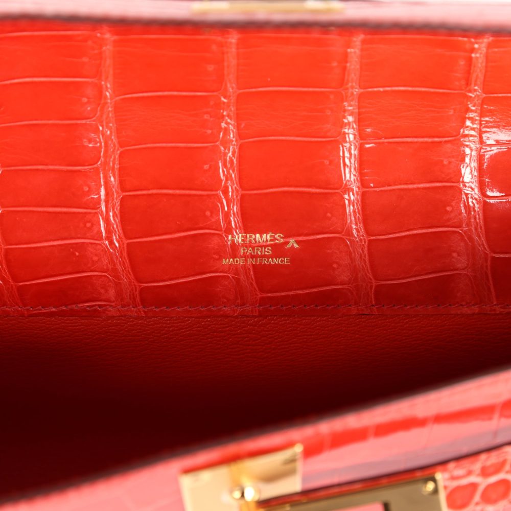 Hermes Kelly Cut Orange Poppy Shiny Porosus Crocodile Gold Hardware - Image 7