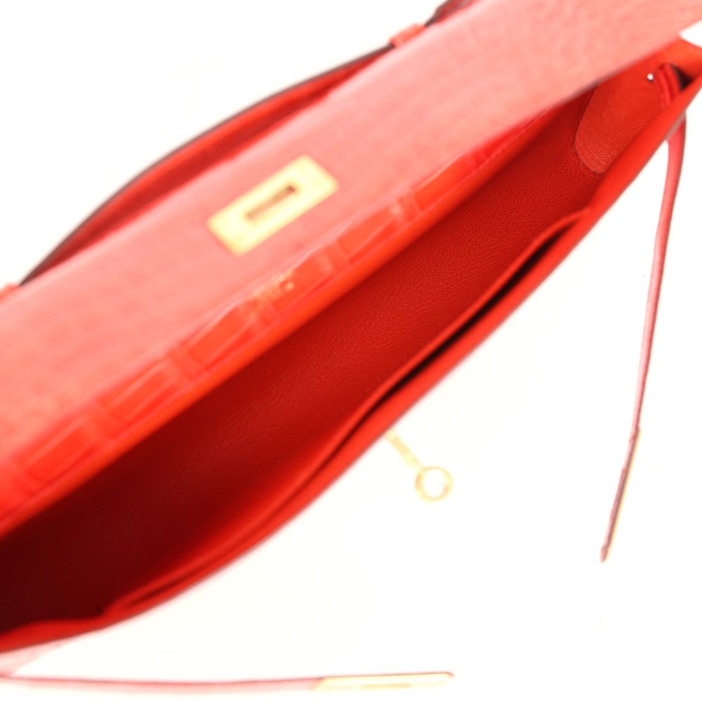 Hermes Kelly Cut Orange Poppy Shiny Porosus Crocodile Gold Hardware - Image 8