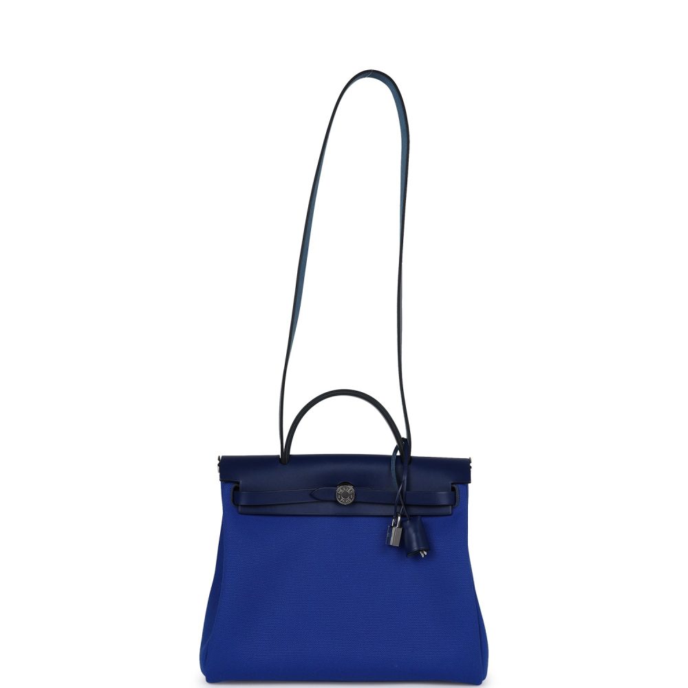 Hermes Herbag Zip PM 31 Bleu Bill Toile Militaire Canvas and Bleu Saphir Vache Hunter Palladium Hardware - Image 7