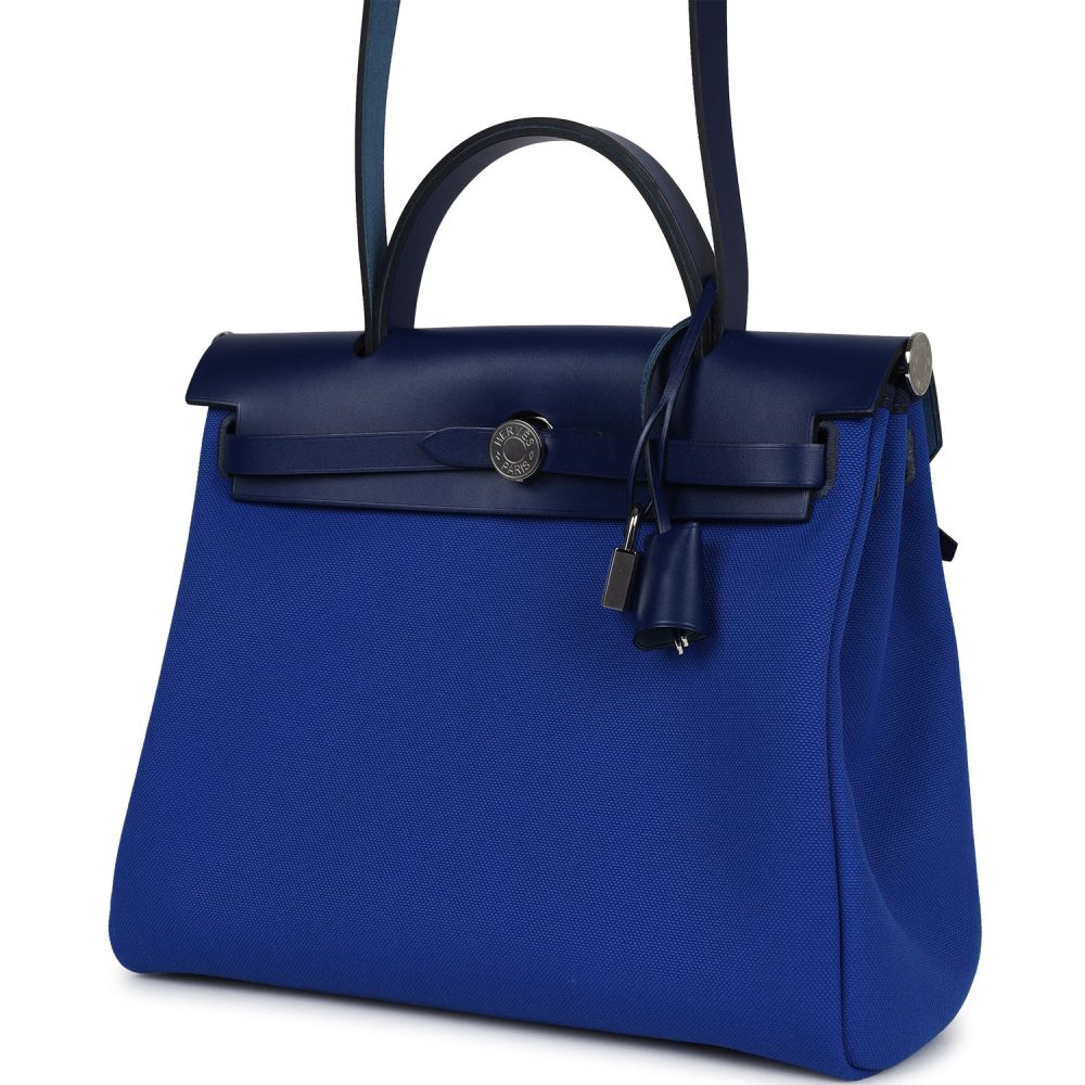 Hermes Herbag Zip PM 31 Bleu Bill Toile Militaire Canvas and Bleu Saphir Vache Hunter Palladium Hardware - Image 5