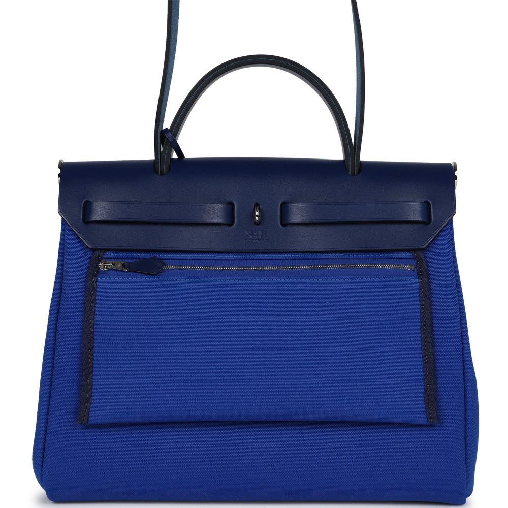 Hermes Herbag Zip PM 31 Bleu Bill Toile Militaire Canvas and Bleu Saphir Vache Hunter Palladium Hardware - Image 4