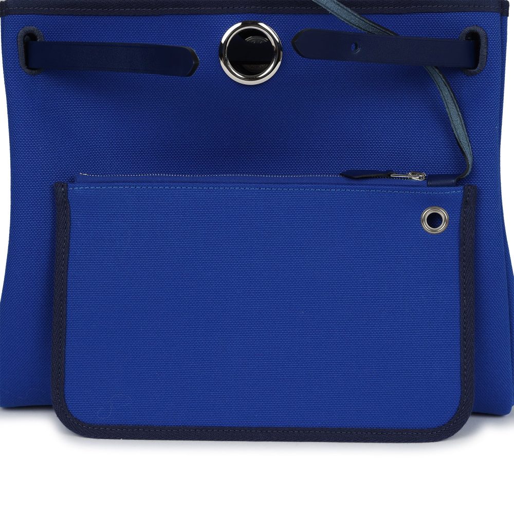 Hermes Herbag Zip PM 31 Bleu Bill Toile Militaire Canvas and Bleu Saphir Vache Hunter Palladium Hardware - Image 11