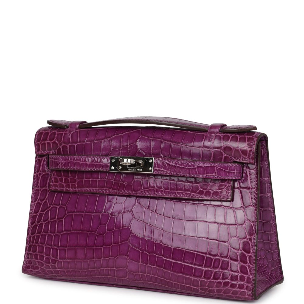 Pre-owned Hermes Kelly Pochette Violet Shiny Niloticus Crocodile Palladium Hardware - Image 5