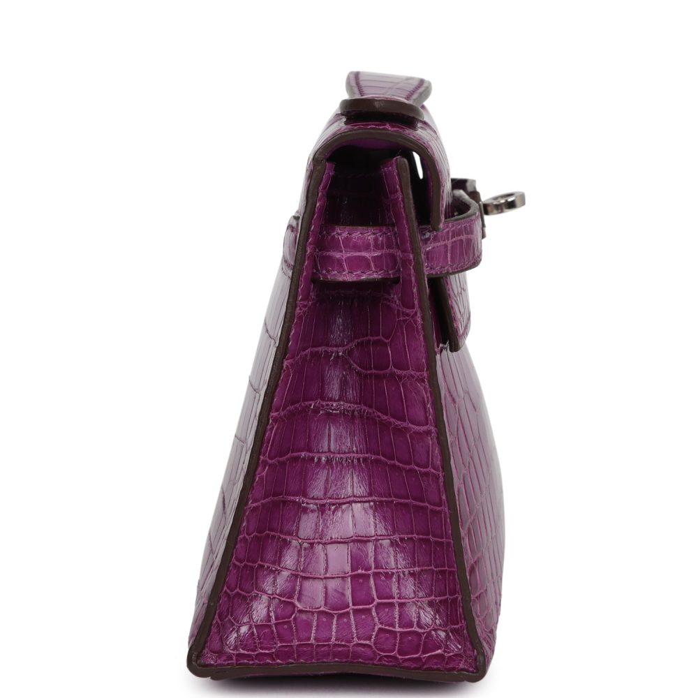 Pre-owned Hermes Kelly Pochette Violet Shiny Niloticus Crocodile Palladium Hardware - Image 3