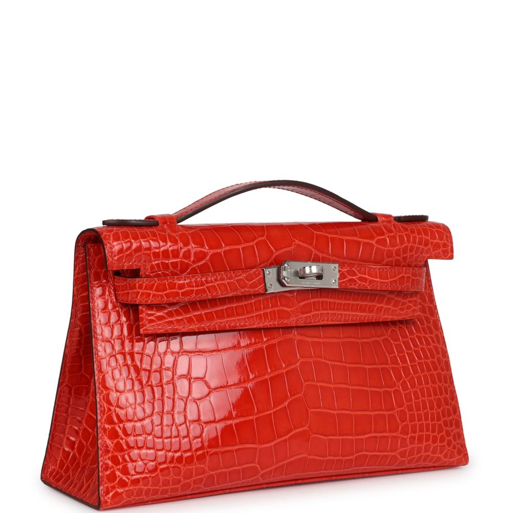Hermes Kelly Pochette Orange Poppy Shiny Alligator Palladium Hardware - Image 2