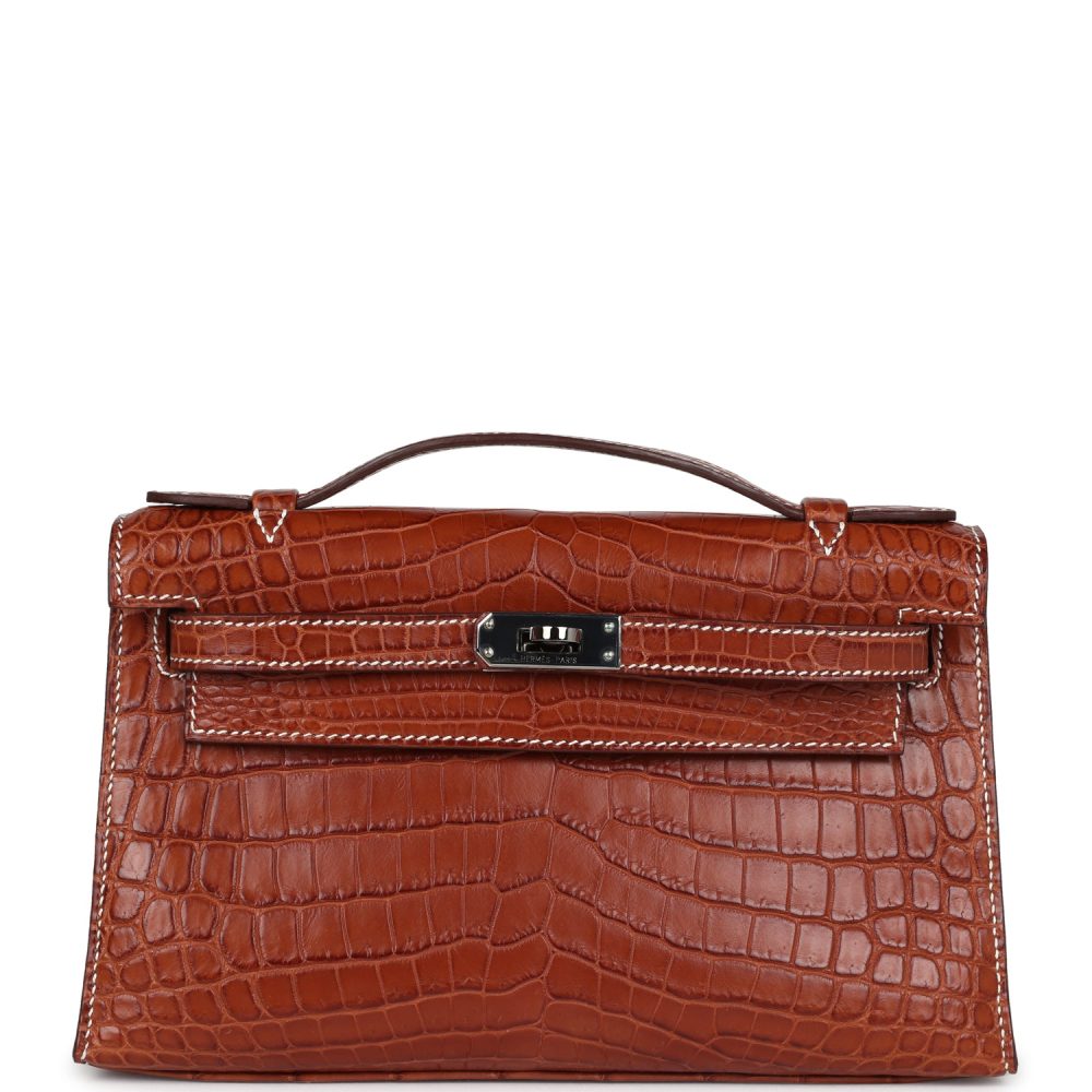 Pre-owned Hermes Kelly Pochette Fauve Matte Niloticus Crocodile Ruthenium Hardware