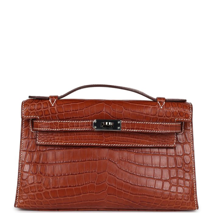 Pre-owned Hermes Kelly Pochette Fauve Matte Niloticus Crocodile Ruthenium Hardware