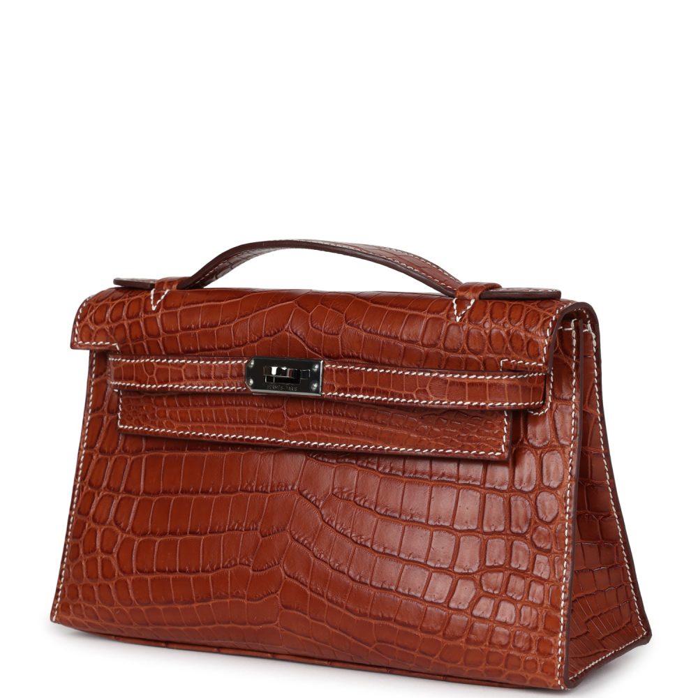 Pre-owned Hermes Kelly Pochette Fauve Matte Niloticus Crocodile Ruthenium Hardware - Image 5