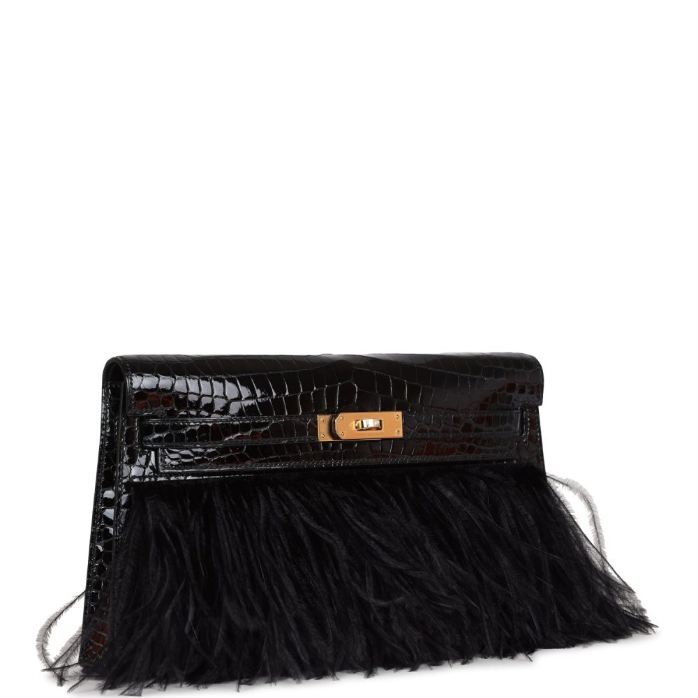 Hermes Kelly Elan Foile Black Shiny Porosus Crocodile and Ostrich Feather Gold Hardware - Image 2