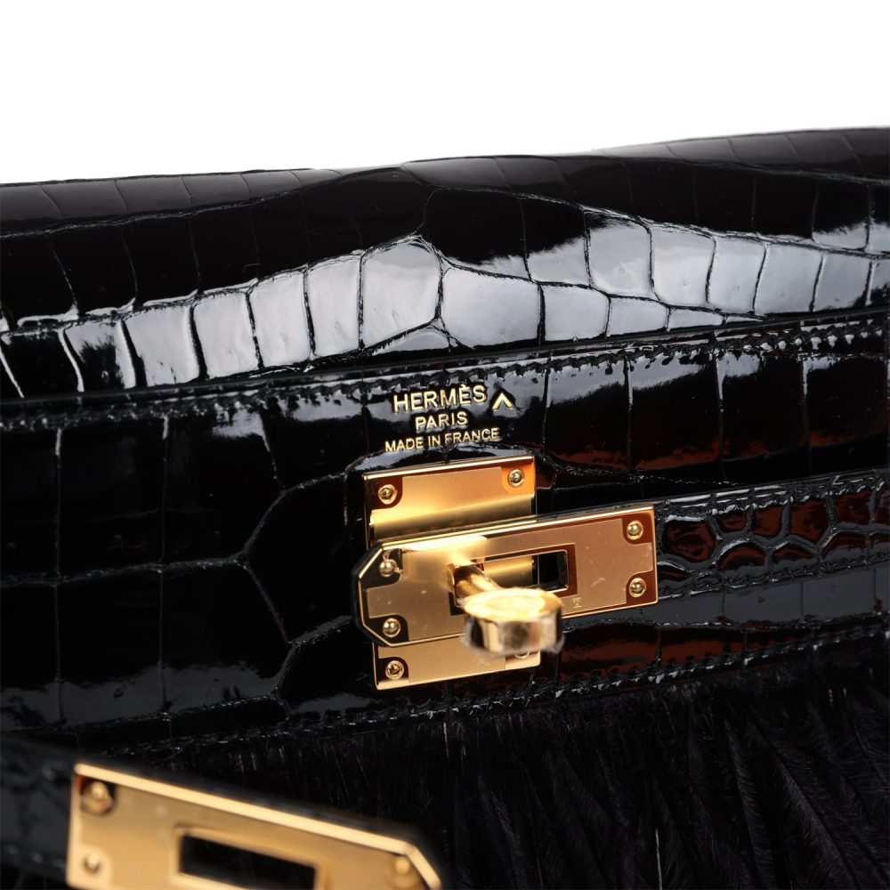 Hermes Kelly Elan Foile Black Shiny Porosus Crocodile and Ostrich Feather Gold Hardware - Image 7