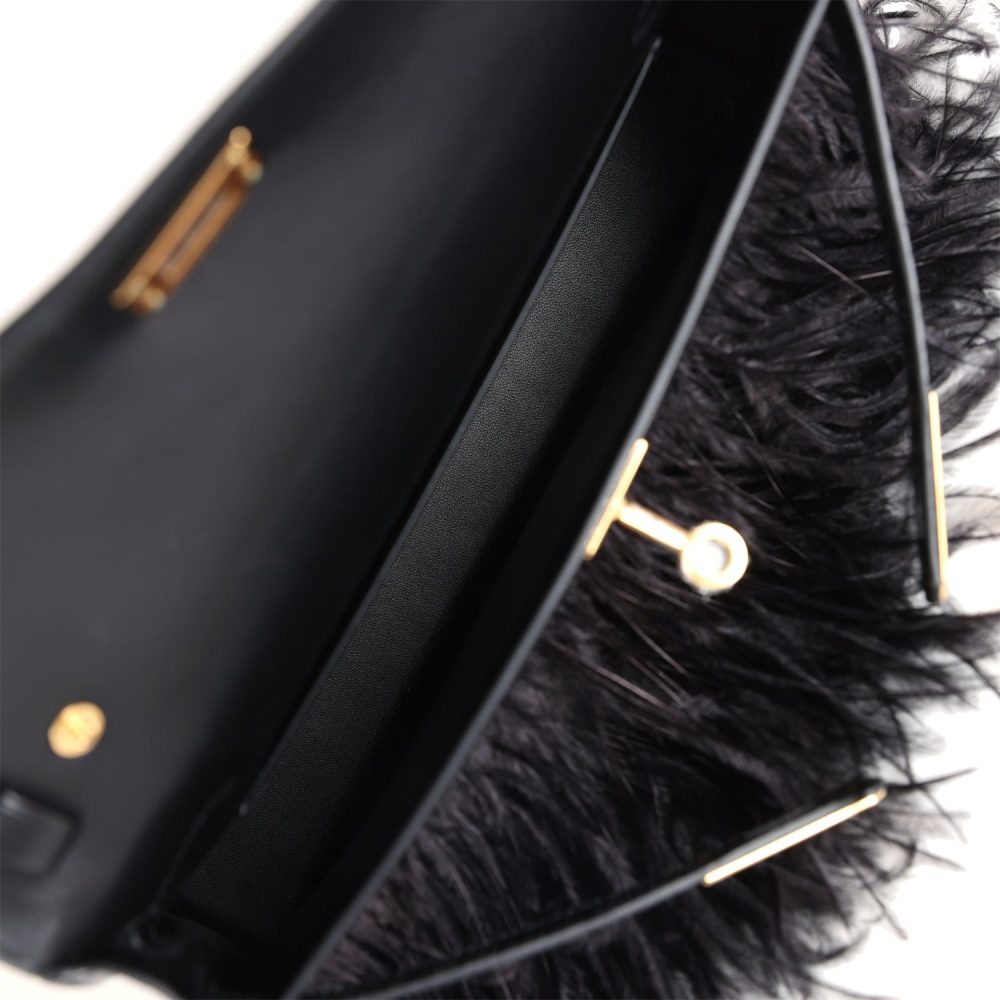Hermes Kelly Elan Foile Black Shiny Porosus Crocodile and Ostrich Feather Gold Hardware - Image 8