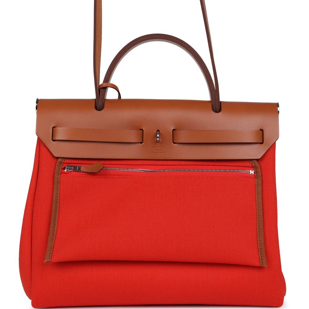 Hermes Herbag Zip PM 31 Capucine Toile Militaire & Fauve Vache Hunter Palladium Hardware - Image 4
