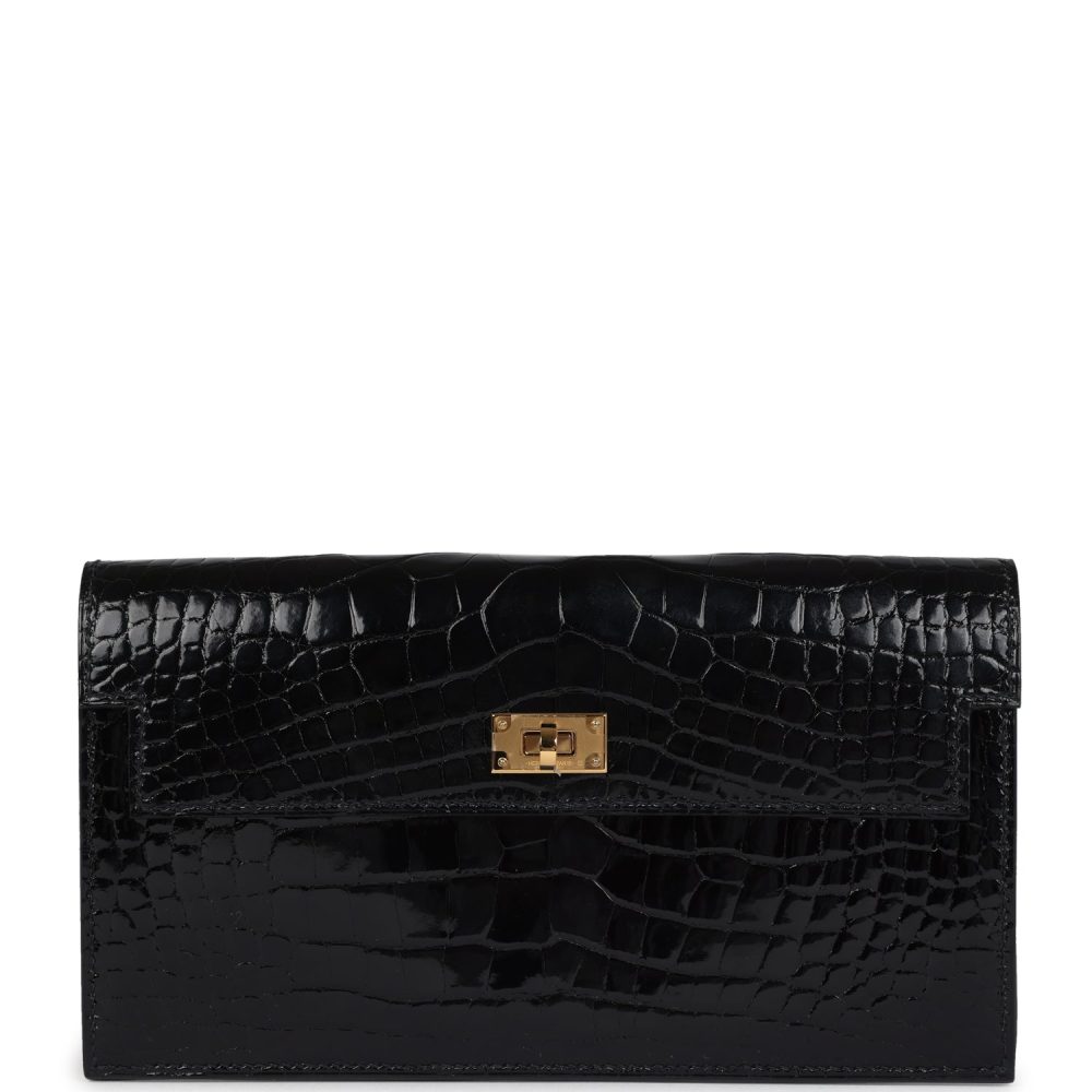 Pre-owned Hermes Kelly Pocket Long Wallet Black Shiny Alligator Gold Hardware