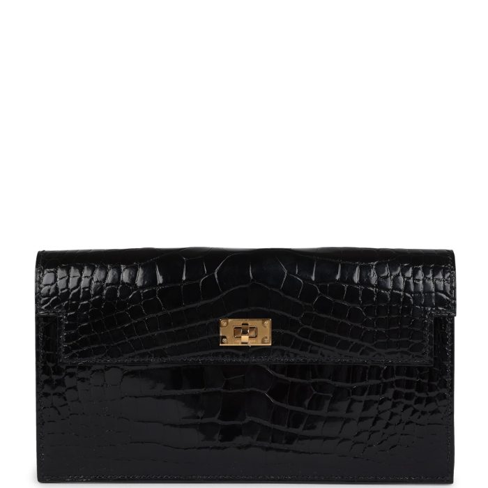 Pre-owned Hermes Kelly Pocket Long Wallet Black Shiny Alligator Gold Hardware