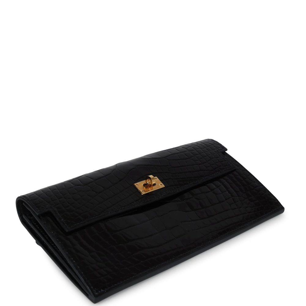 Pre-owned Hermes Kelly Pocket Long Wallet Black Shiny Alligator Gold Hardware - Image 6