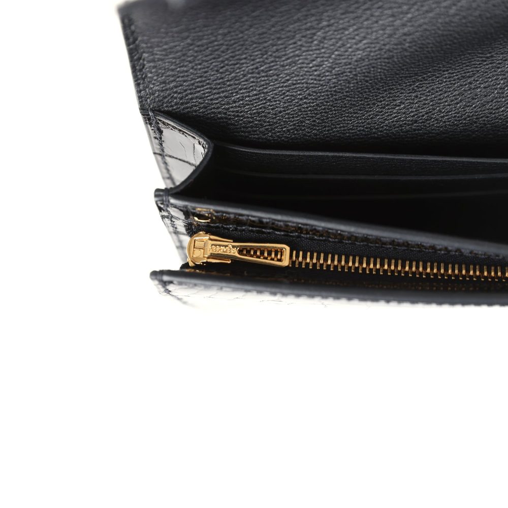 Pre-owned Hermes Kelly Pocket Long Wallet Black Shiny Alligator Gold Hardware - Image 9