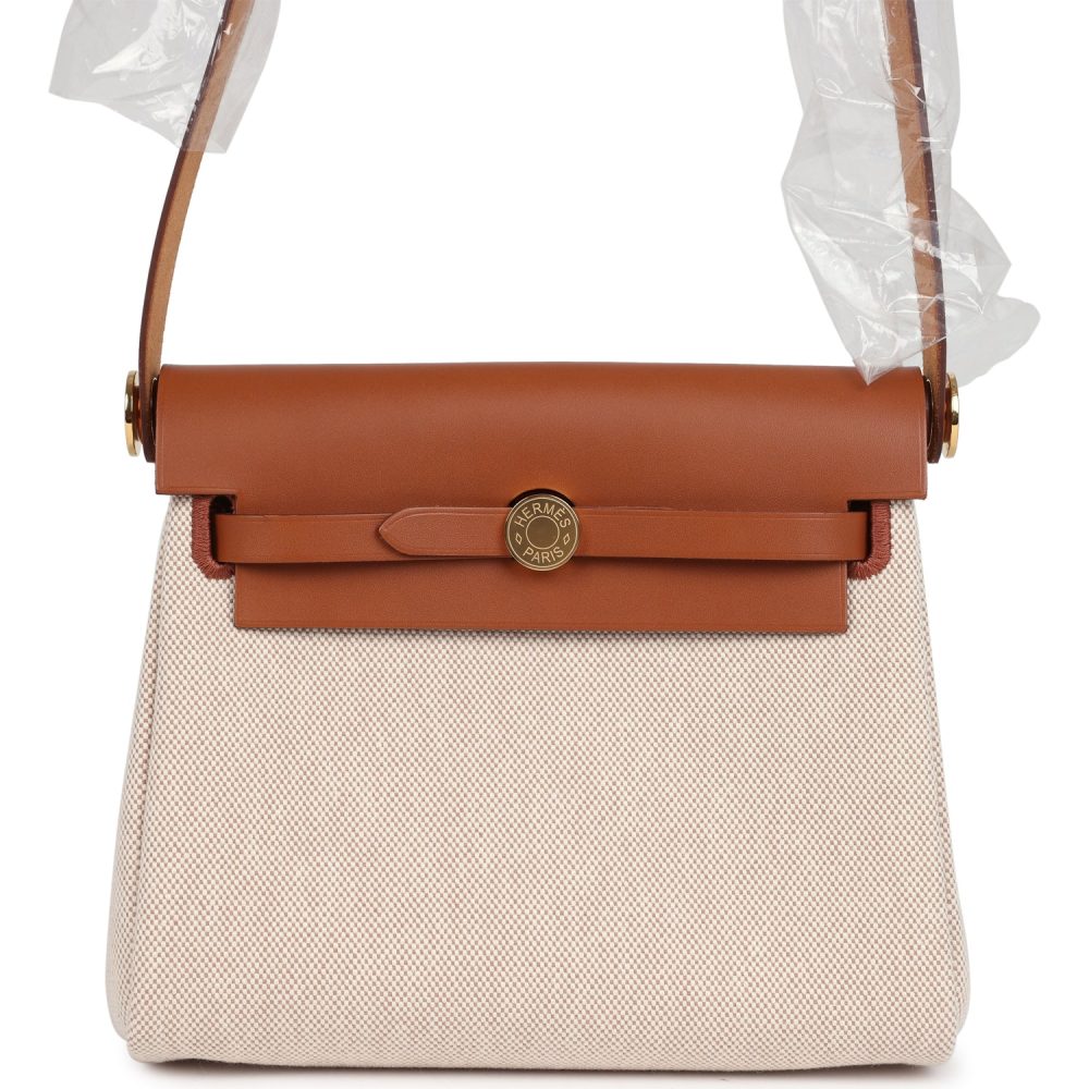 Hermes Herbag Zip 20 Mini Ecru and Beige Toile H Canvas and Fauve Vache Hunter Gold Hardware