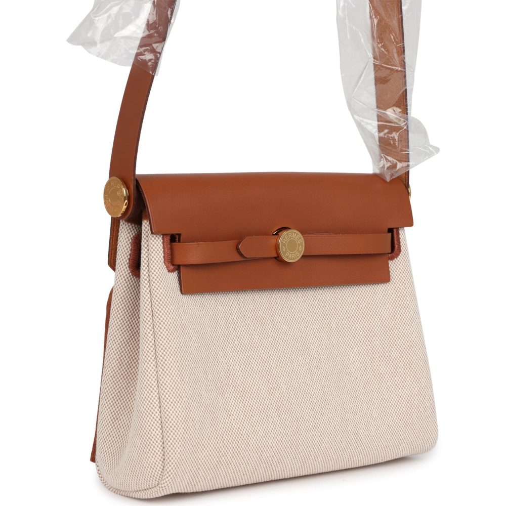 Hermes Herbag Zip 20 Mini Ecru and Beige Toile H Canvas and Fauve Vache Hunter Gold Hardware - Image 2