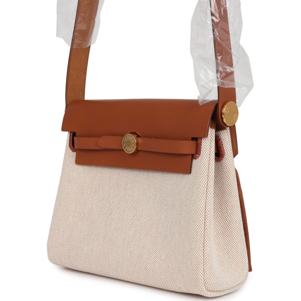 Hermes Herbag Zip 20 Mini Ecru and Beige Toile H Canvas and Fauve Vache Hunter Gold Hardware - Image 5