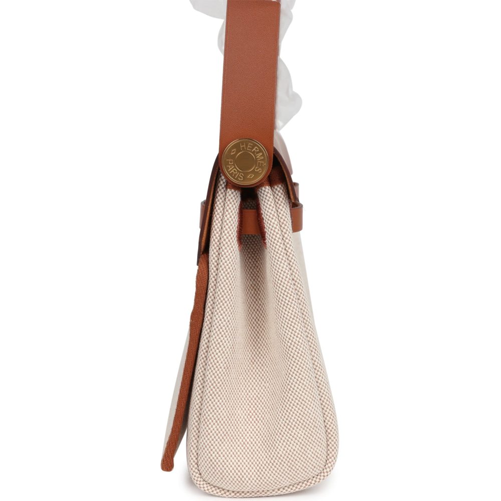 Hermes Herbag Zip 20 Mini Ecru and Beige Toile H Canvas and Fauve Vache Hunter Gold Hardware - Image 3