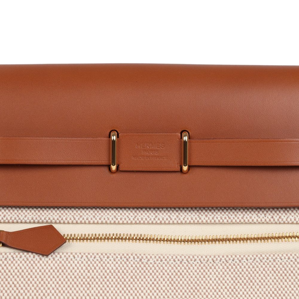 Hermes Herbag Zip 20 Mini Ecru and Beige Toile H Canvas and Fauve Vache Hunter Gold Hardware - Image 6