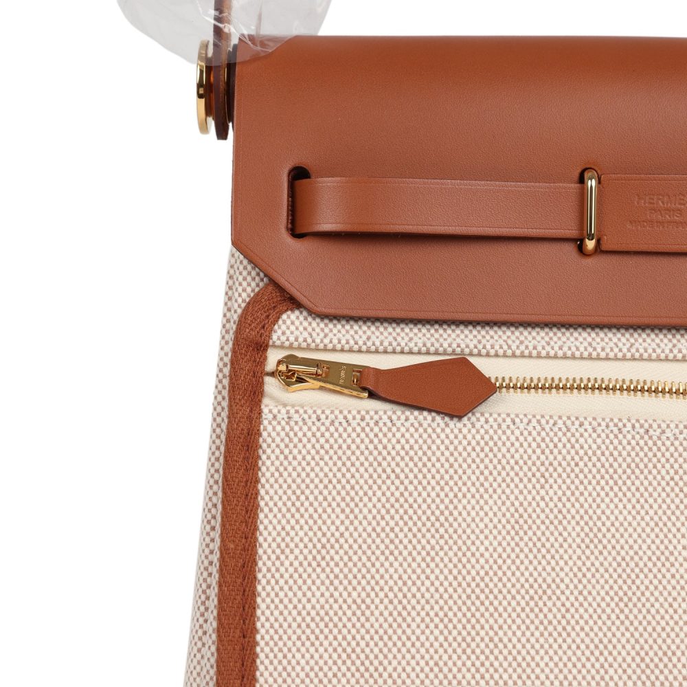 Hermes Herbag Zip 20 Mini Ecru and Beige Toile H Canvas and Fauve Vache Hunter Gold Hardware - Image 7