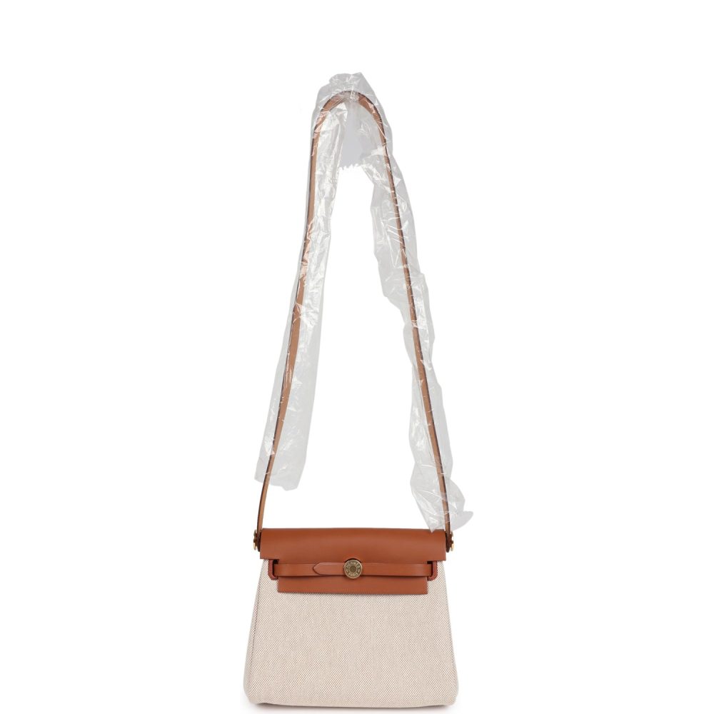 Hermes Herbag Zip 20 Mini Ecru and Beige Toile H Canvas and Fauve Vache Hunter Gold Hardware - Image 8