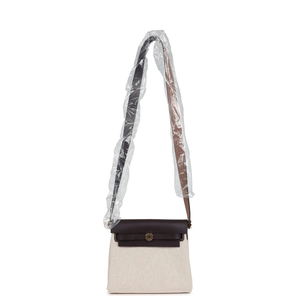Hermes Herbag Zip 20 Mini Ecru and Beige Toile H Canvas and Ebene Vache Hunter Gold Hardware - Image 6