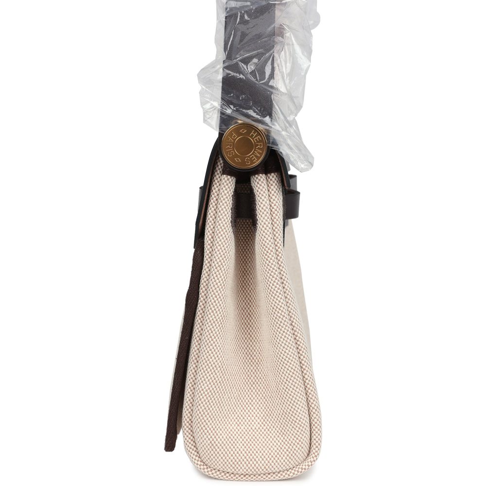 Hermes Herbag Zip 20 Mini Ecru and Beige Toile H Canvas and Ebene Vache Hunter Gold Hardware - Image 3