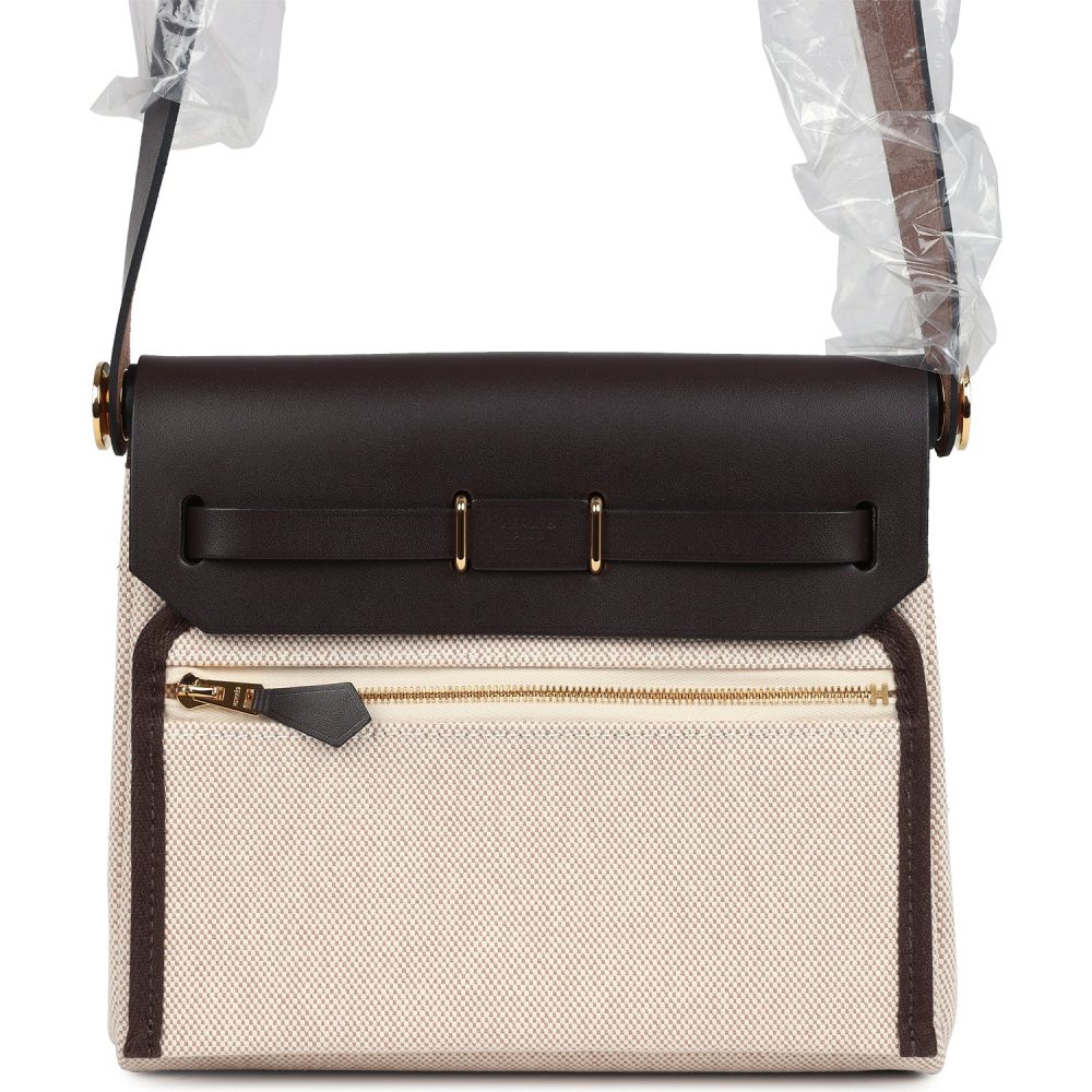 Hermes Herbag Zip 20 Mini Ecru and Beige Toile H Canvas and Ebene Vache Hunter Gold Hardware - Image 4