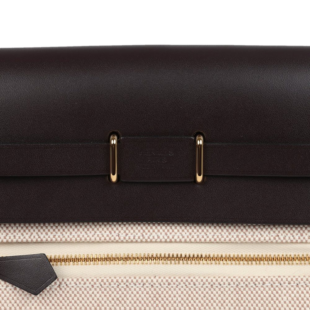 Hermes Herbag Zip 20 Mini Ecru and Beige Toile H Canvas and Ebene Vache Hunter Gold Hardware - Image 7