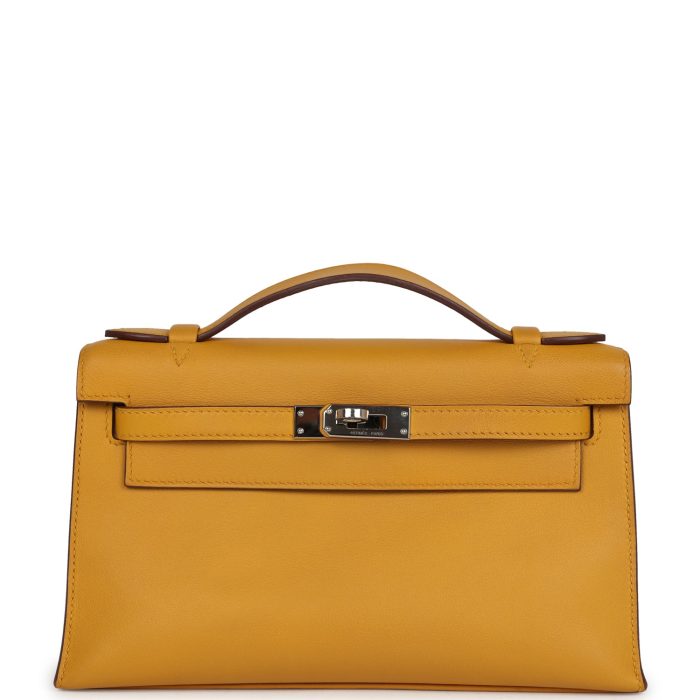 Pre-owned Hermes Kelly Pochette Jaune Ambre Swift Palladium Hardware