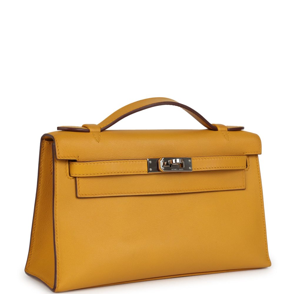 Pre-owned Hermes Kelly Pochette Jaune Ambre Swift Palladium Hardware - Image 2