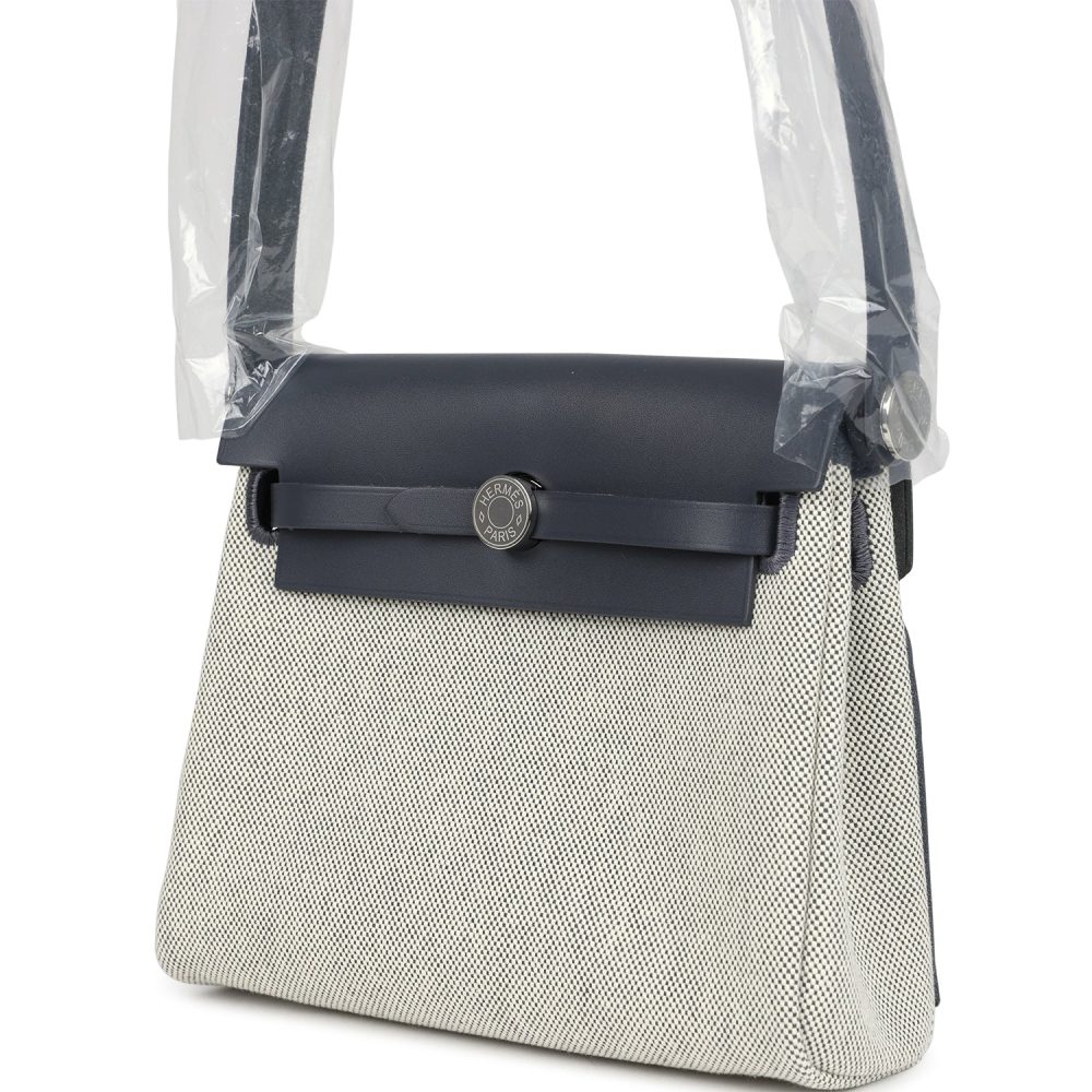 Hermes Herbag Zip 20 Mini Ecru and Ardoise Toile H Canvas and Ardoise Vache Hunter Palladium Hardware - Image 5