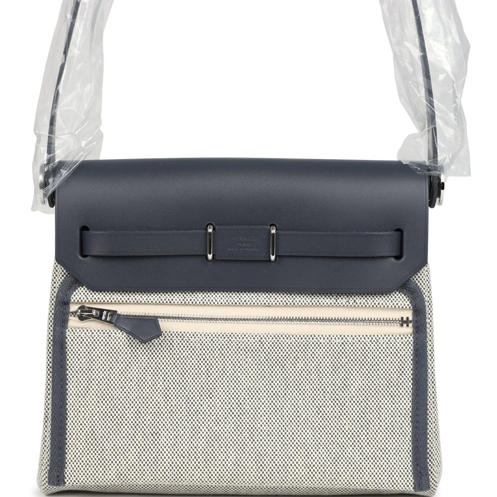 Hermes Herbag Zip 20 Mini Ecru and Ardoise Toile H Canvas and Ardoise Vache Hunter Palladium Hardware - Image 4