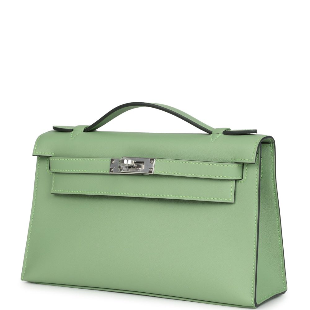 Hermes Kelly Pochette Vert Criquet Swift Palladium Hardware - Image 5