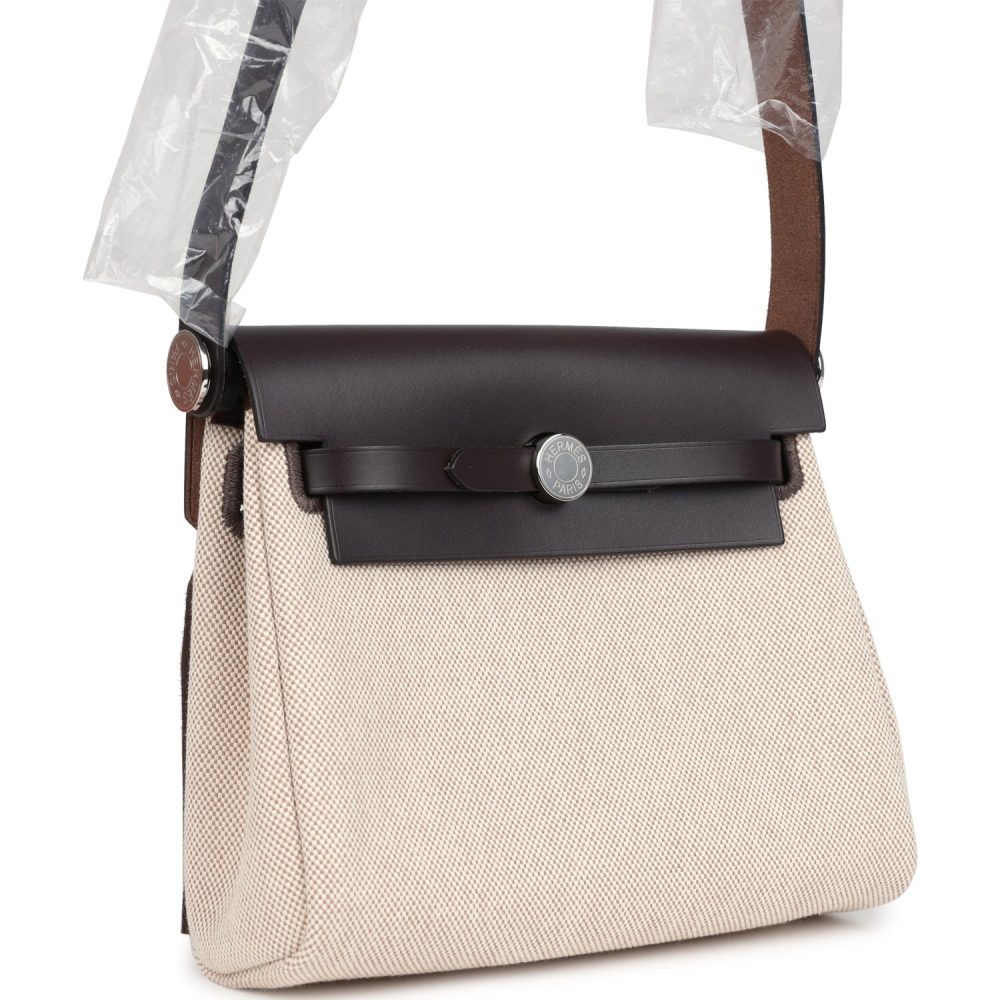Hermes Herbag Zip 20 Mini Ecru and Beige Toile H Canvas and Ebene Vache Hunter Palladium Hardware - Image 2