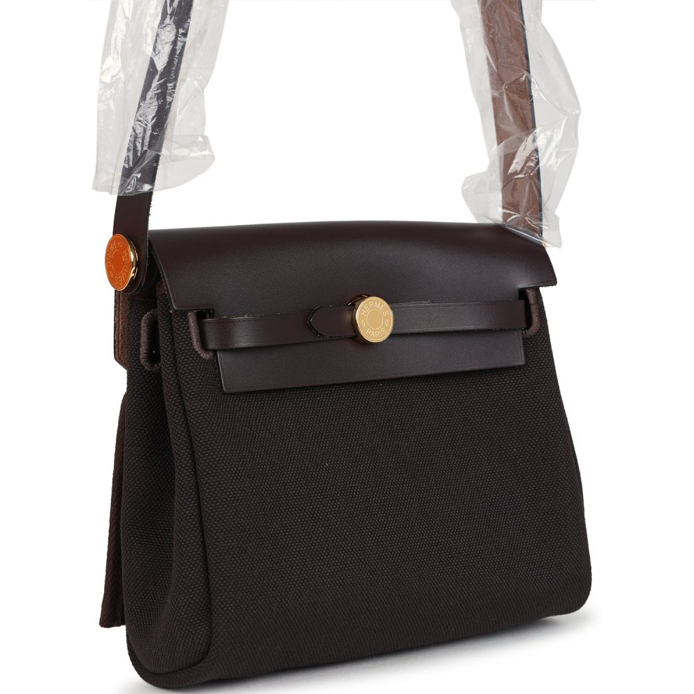 Hermes Herbag Zip 20 Mini Ebene Toile H Canvas and Vache Hunter Gold Hardware - Image 2